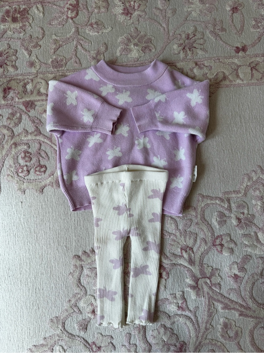 Indigo Dreams Lilac butterfly Knit Sweater & Cream Floral Leggings Set